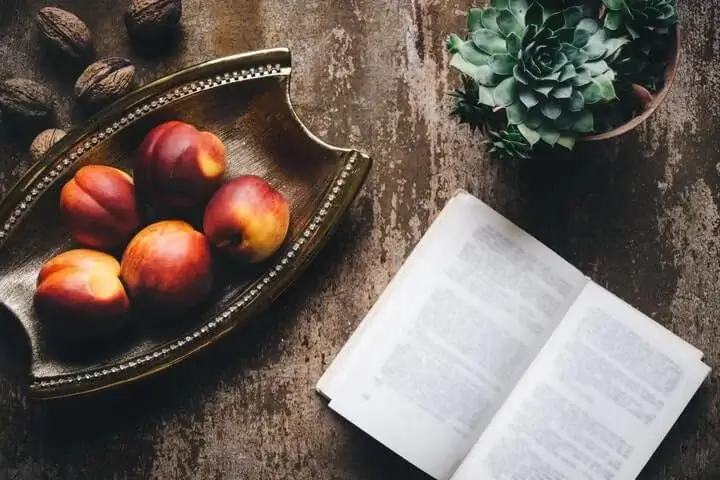 fruits on tray beside book and potted plant