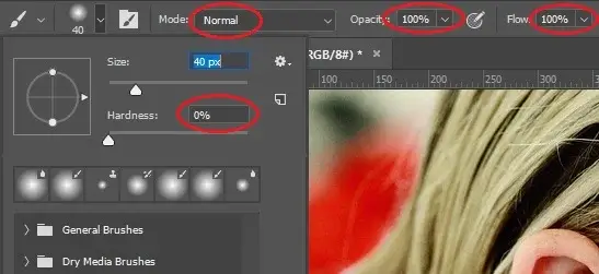 brush tool settings for removing blemished process