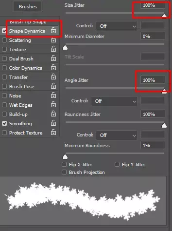 Set The Brush Dynamics Options, snowflake shape border