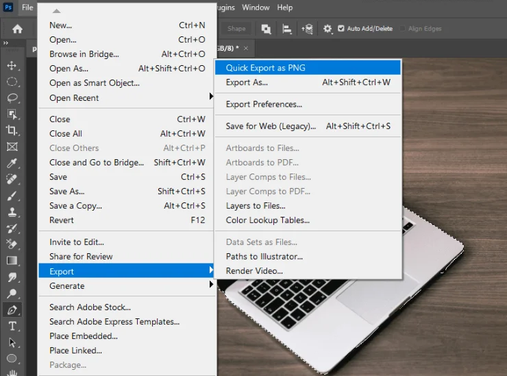 saving and exporting in Photoshop