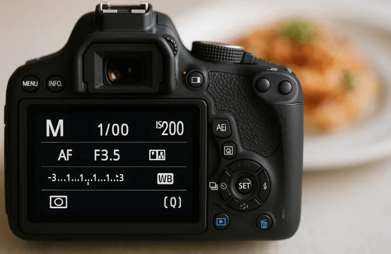 DSLR showing manual settings with food in soft focus, food photography
