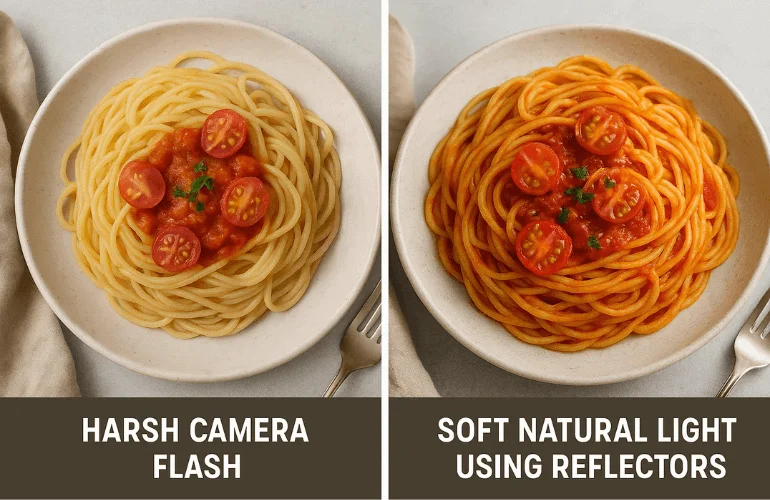 Side-by-side food photo comparison: flash vs. natural light