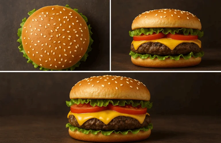 Burger shot from top-down, 45-degree, and straight-on angles