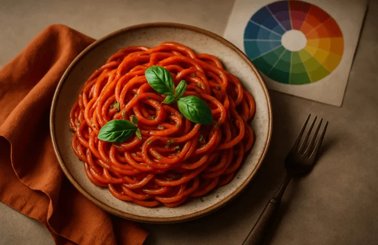 Top-down view of red pasta garnished with fresh green herbs, showcasing complementary colors for visual harmony in food photography