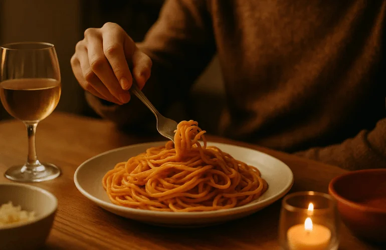 Hand reaching for a forkful of food at a dining table