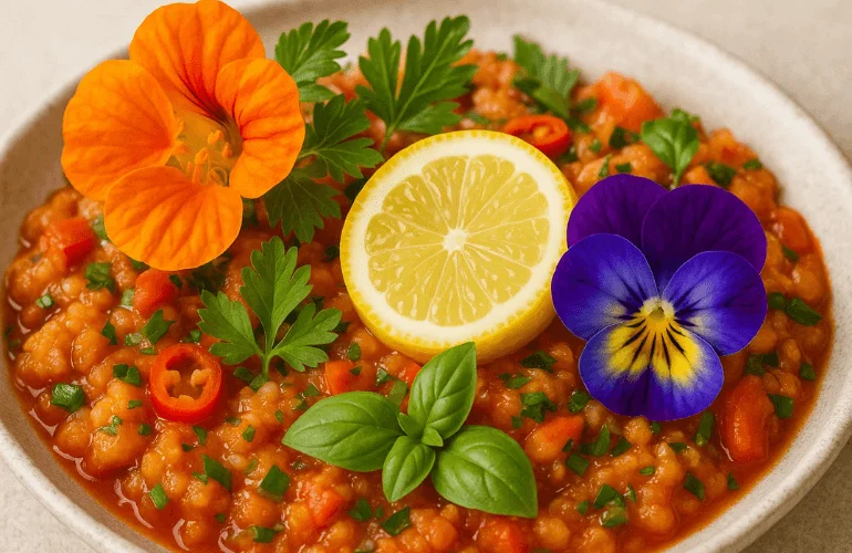 Dish garnished with herbs, lemons, and edible flowers