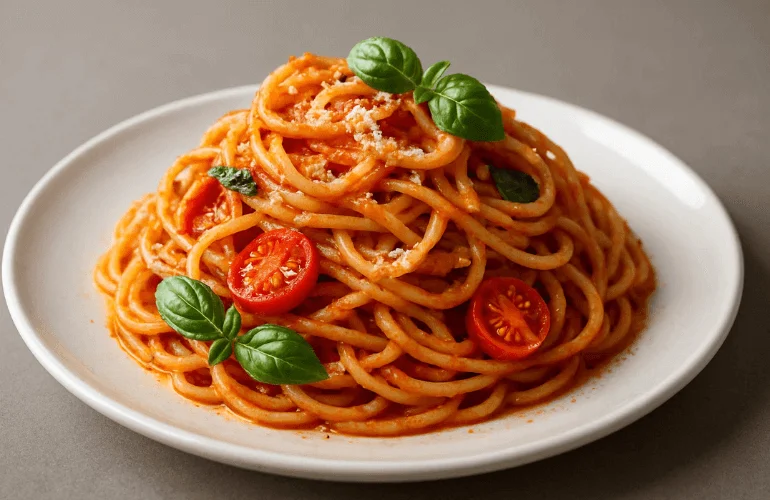 Pasta dish with a clean, neutral gray background