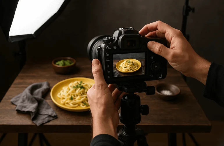 DSLR camera on tripod capturing a food scene
