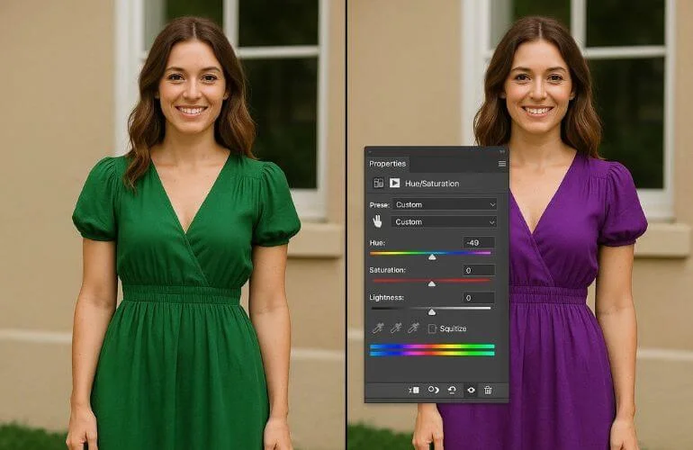 Split-view of woman in green dress and purple dress using Hue/Saturation in Photoshop