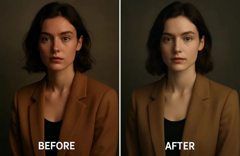 Before and after portrait color correction with natural skin tones and balanced background
