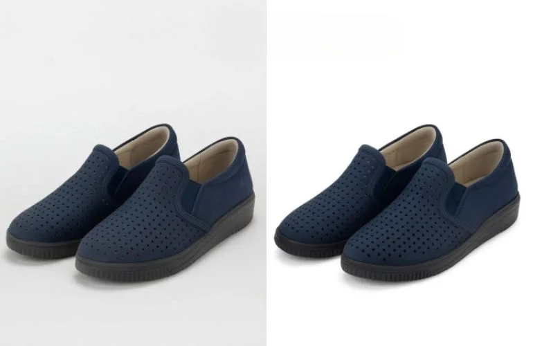 Before and after eCommerce product image retouching showing color correction, cleaned background, and sharpened edges