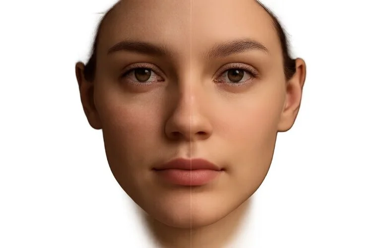 Before and after frequency separation retouching showing smooth skin and preserved natural texture