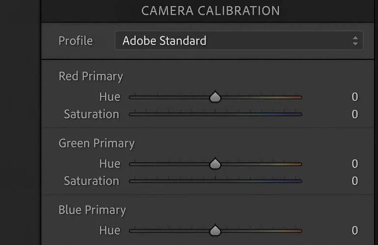 Camera Calibration panel in Lightroom with red, green, and blue hue sliders.