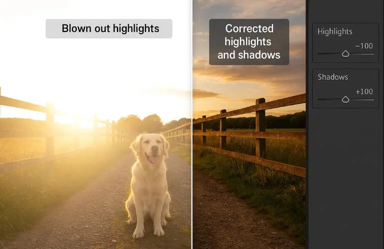 Before and after comparison of highlights and shadows adjustment in Lightroom.