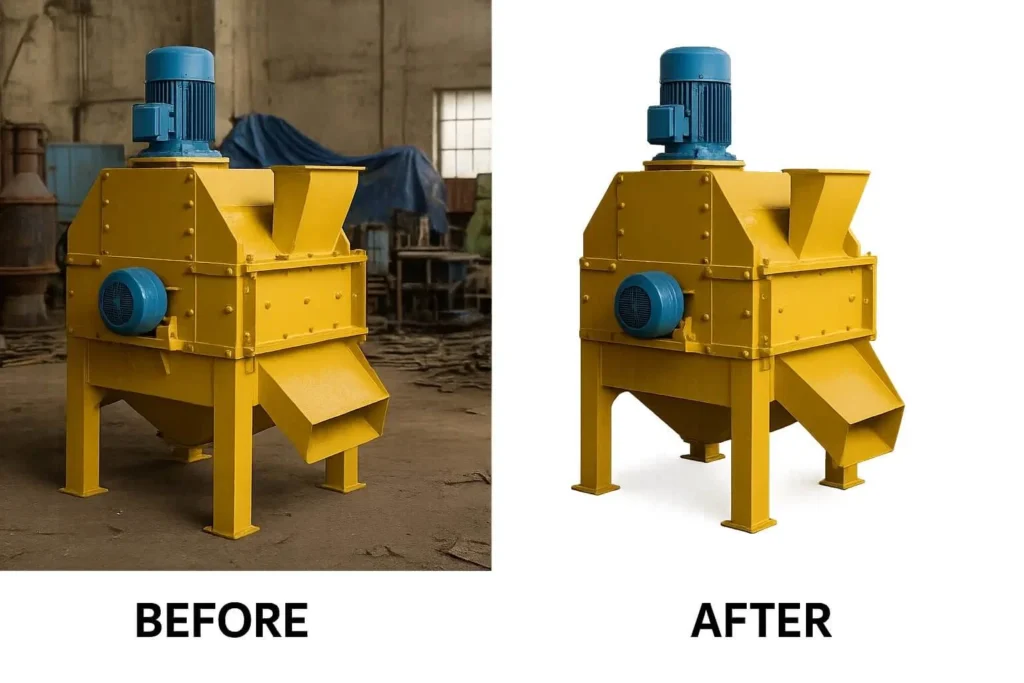 Background removal and replacement in machinery photo editing for a clean white background