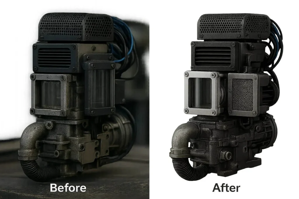 Machinery photo editing using Photoshop masking for complex parts like wires and grills