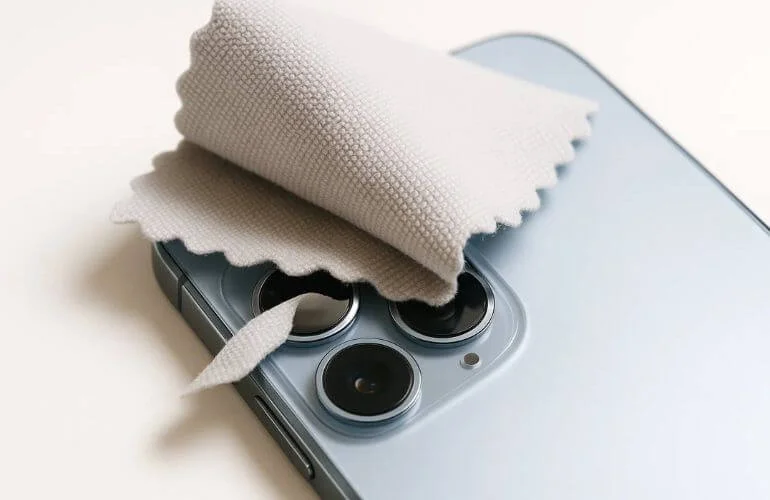 Close-up of microfiber cloth cleaning smartphone camera lens with bright clear background