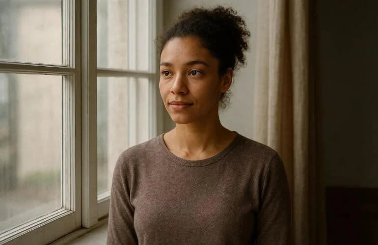 Person standing near a large window illuminated by soft natural light for indoor photography