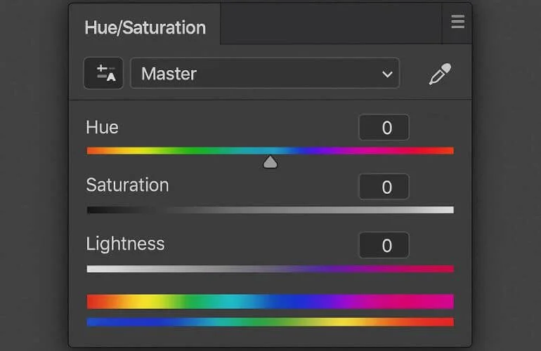 Photoshop Hue/Saturation panel showing sliders, color channels, eyedropper, and gradient bar