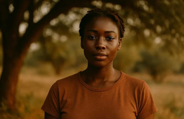 Portrait of a person standing under a tree in soft diffused shade with warm natural light