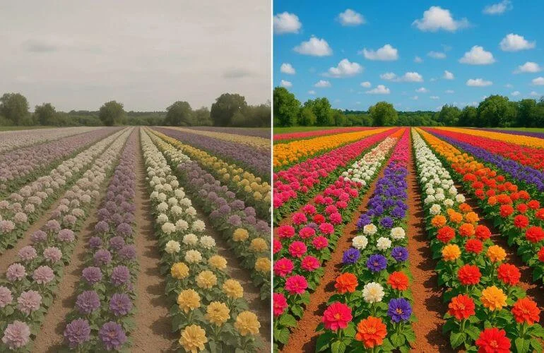 Side-by-side flower field scene showing low vs. high saturation results