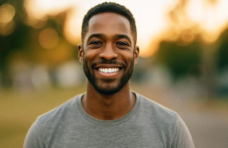 Smartphone portrait photo of smiling person with blurred background and soft bokeh effect