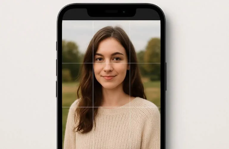 Smartphone screen showing photo with grid lines enabled applying rule of thirds for composition