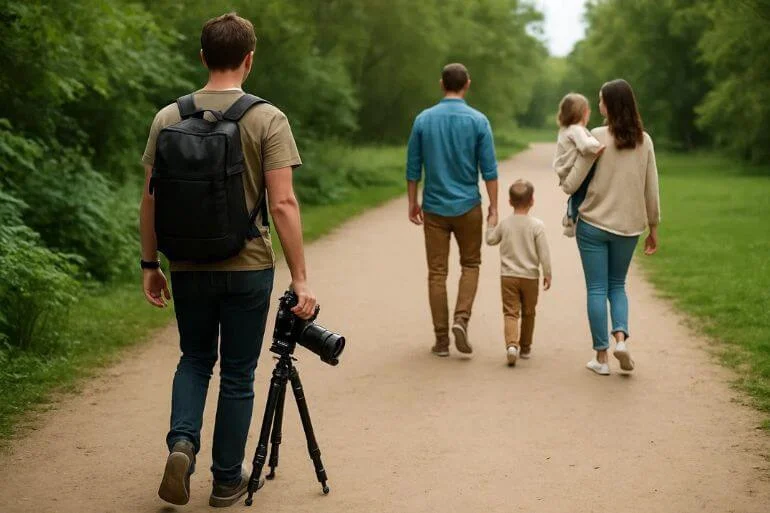 Photographer carrying camera gear along an easy pathway with parents and children walking
