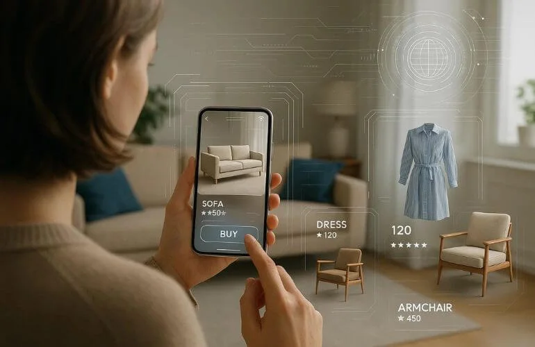 Shopper using augmented reality to visualize furniture and clothing before buying