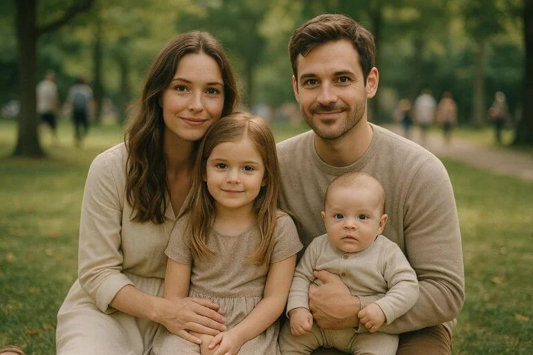 Family photo shoot in public park with blurred background people, shallow depth of field