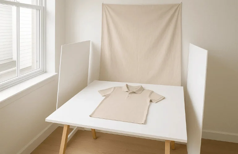 Budget-friendly home clothing photography setup with table for flat lays, window for natural light, white foam board reflectors, and DIY fabric backdrop
