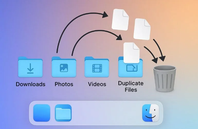 Mac desktop showing files like downloads, duplicate photos, and large videos being deleted to free up space.