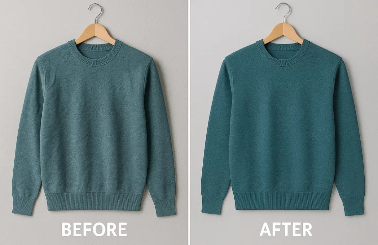 Before and after clothing photo edited for brightness, color correction, and wrinkle removal