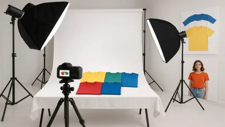 Professional clothing product photography setup with DSLR, softbox lights, white backdrop, and colorful apparel