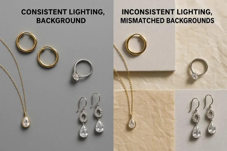 Comparison of consistent vs inconsistent jewelry photo setup