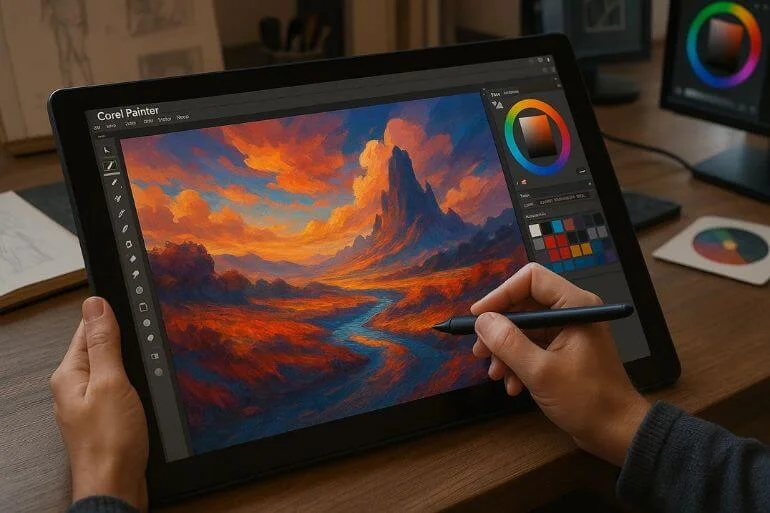 Digital artist using Corel Painter on a tablet