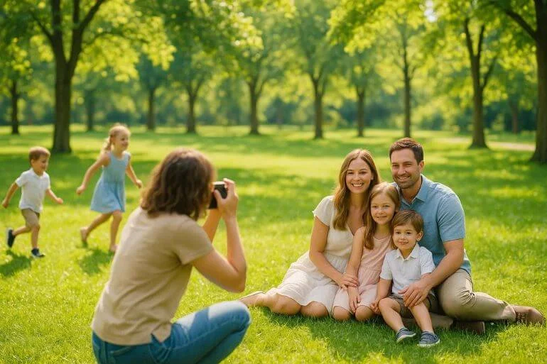 Family having a photo session in a lush green park with vibrant natural colors