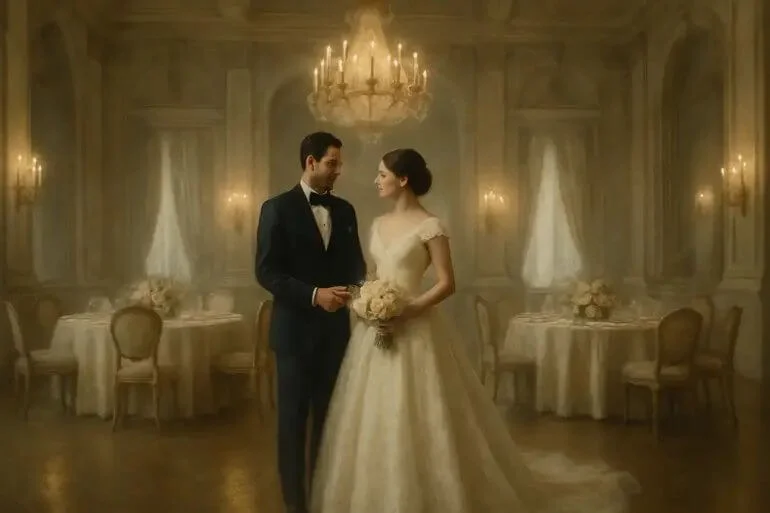 Elegant fine art wedding photo with soft colors and artistic composition.