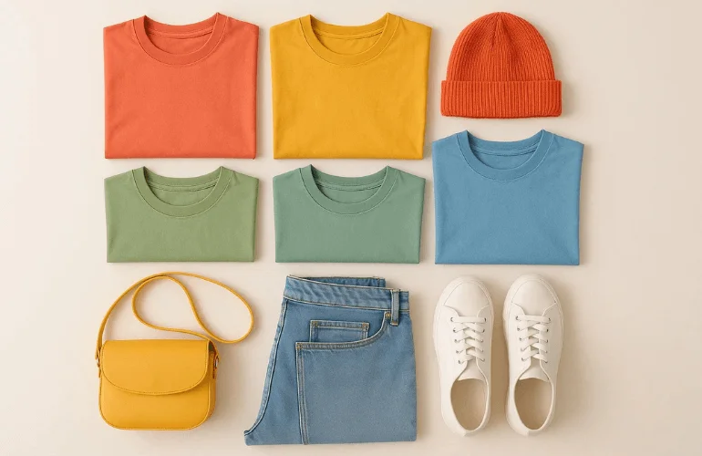 Flat lay of colorful clothing items neatly arranged on a white background with natural light
