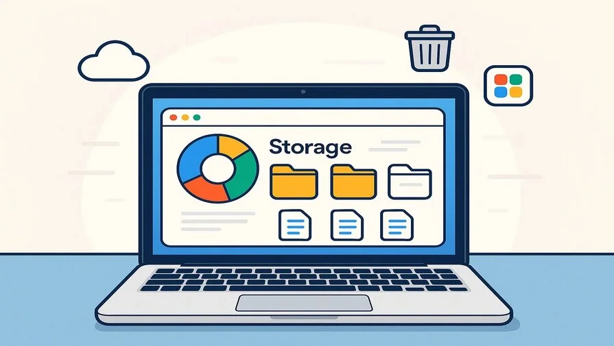 MacBook showing storage cleanup process with cloud storage, trash, and file organization to free up Mac space.