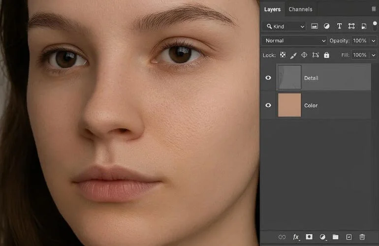 Frequency separation technique applied on model’s face in magazine photo editing