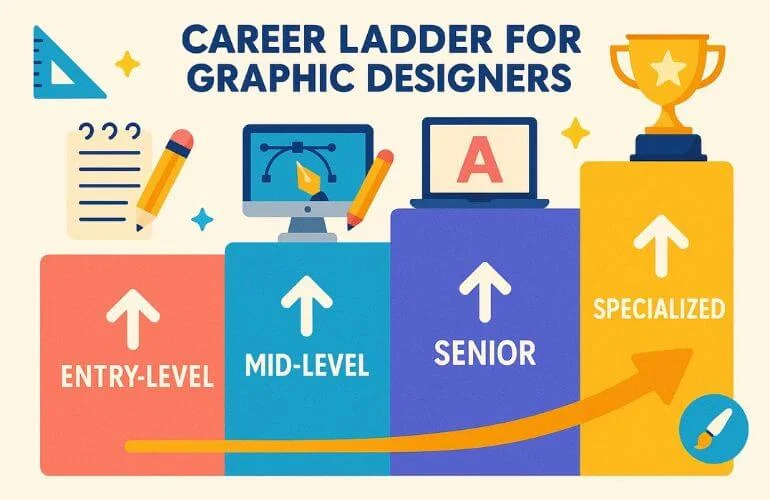 Career ladder illustration showing progression from entry-level to senior graphic designer roles with creative icons.