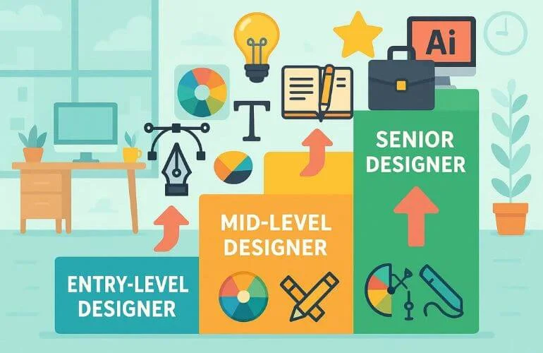 Upward-trending career graph showing graphic designer progression from entry-level to senior and specialized roles.