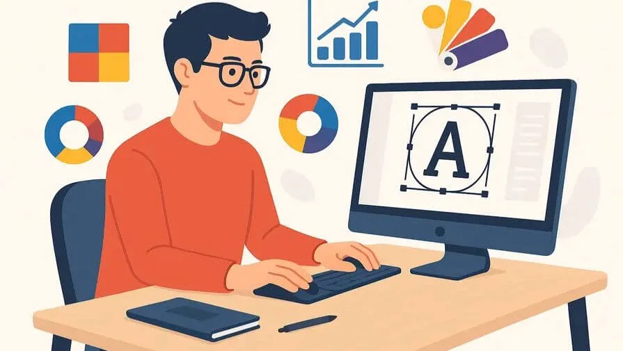 Illustration of a graphic designer working at a computer with colorful design elements and salary growth icons.