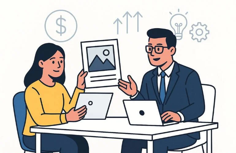 Illustration of a graphic designer presenting a portfolio to a manager with icons for money and growth charts.