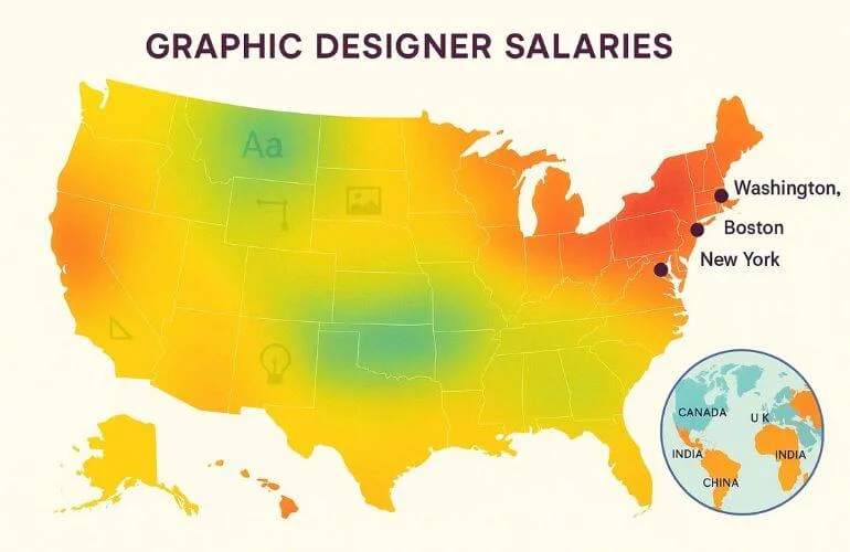 Stylized map showing major U.S. cities and global regions with high graphic designer salaries.