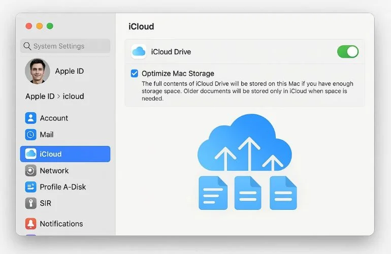 Setting up iCloud on Mac to move files and enable Optimize Mac Storage feature.