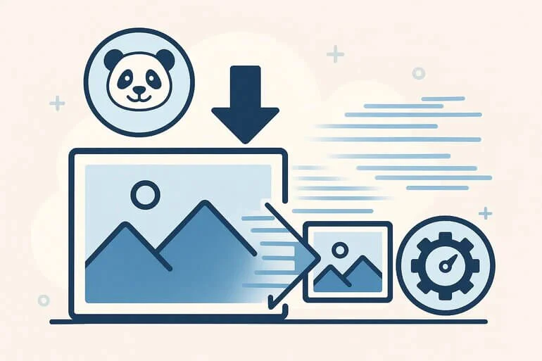 Large image shrinking in size with speed lines and optimization gear icon.