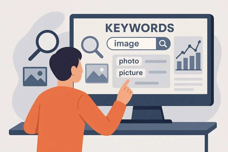 Person reviewing keyword data with charts and search icons on a computer screen.