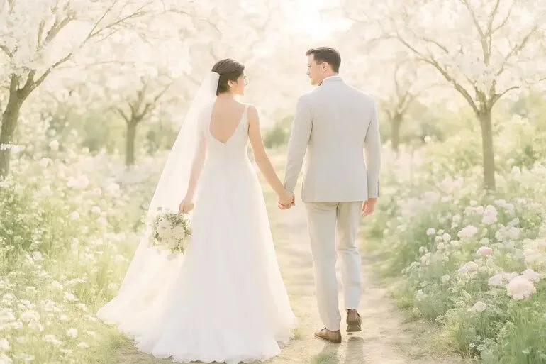 Light and airy wedding photography editing style with soft colors and bright natural light.